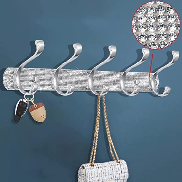 Sparkle Shiny Silver Rhinestones Wall Mounted Coat Rack w/Hooks